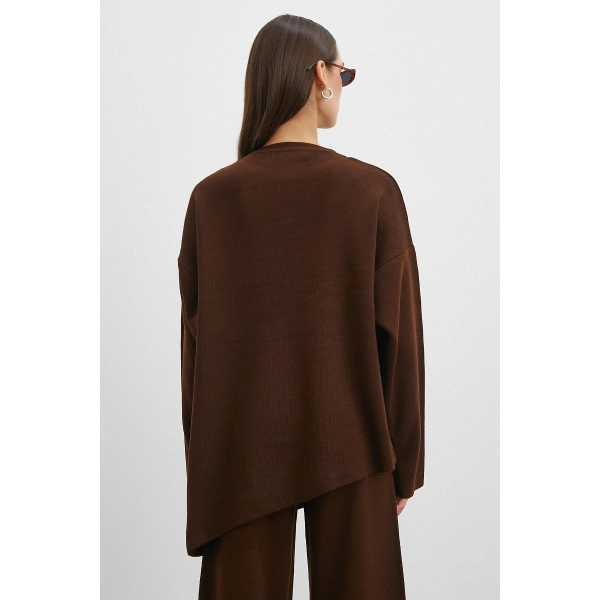 Eteği Çapraz Pantolonlu Bisiklet Yaka Takım Kahve