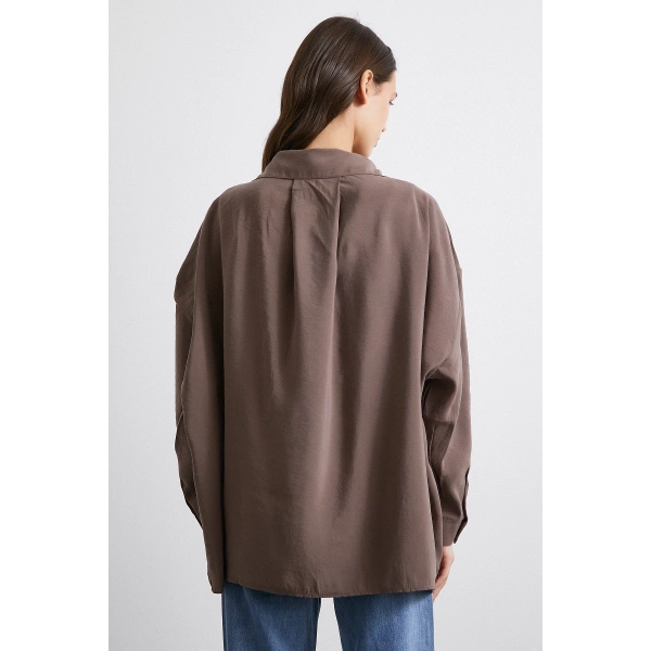 Oversize Cepli Modal Gömlek Kahve