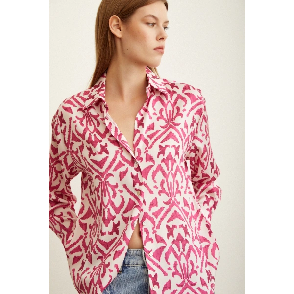 V Yaka Desenli Saten Gömlek Fuşya