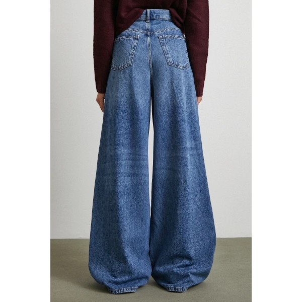 Yüksek Bel Geniş Paça Beş Cepli Jean Mavi