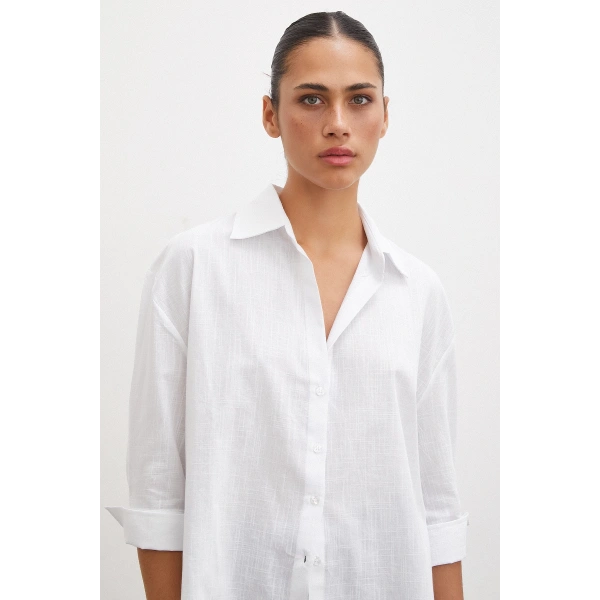 Geniş Manşetli Keten Gömlek Beyaz