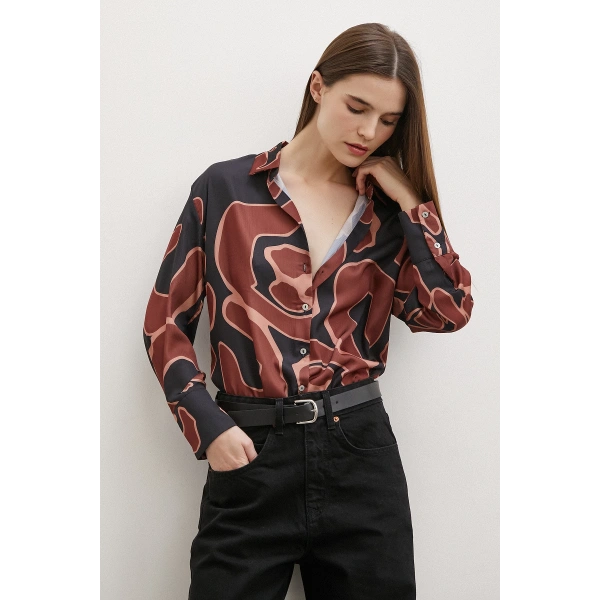 Baskılı Saten Gömlek Kahve