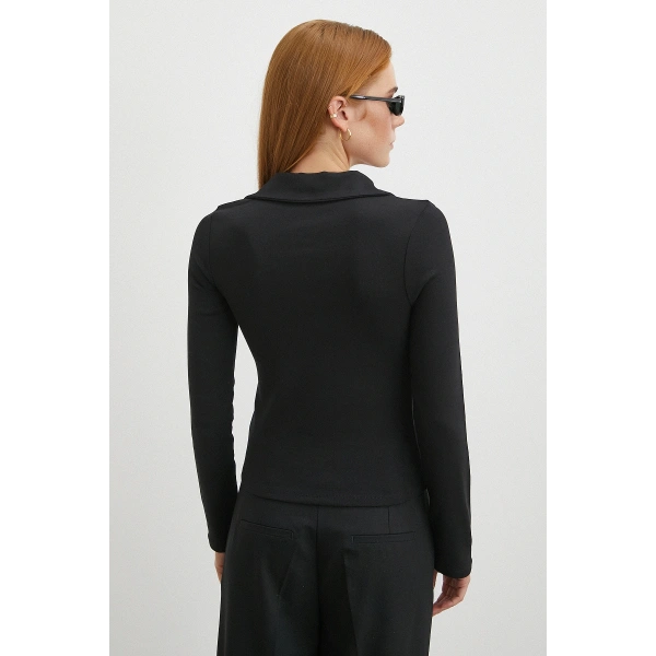 Yakalı Çift Fermuarlı Bluz Siyah