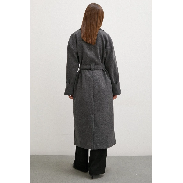 Kuşaklı Şal Yaka Kaban Antirasit