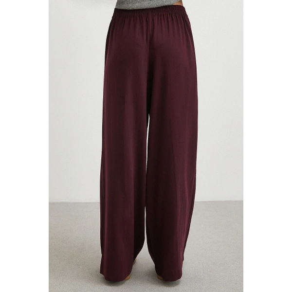 Çizgi Detaylı Geniş Paça Beli Lastikli Pantolon Bordo