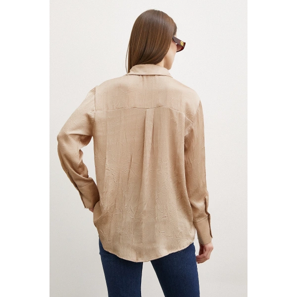 Kraşlı Saten Gömlek Vizon