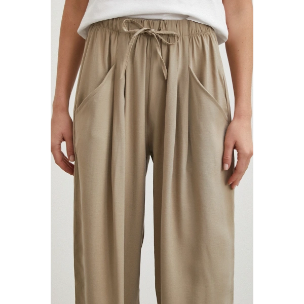 Bağcıklı Beli Lastikli Pileli Pantolon Taş