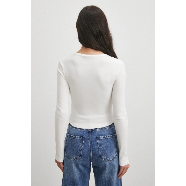 Düğmeli Uzun Kol Bluz Beyaz