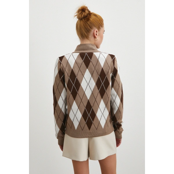 Fermuarlı Baklava Desen Kazak Kahve