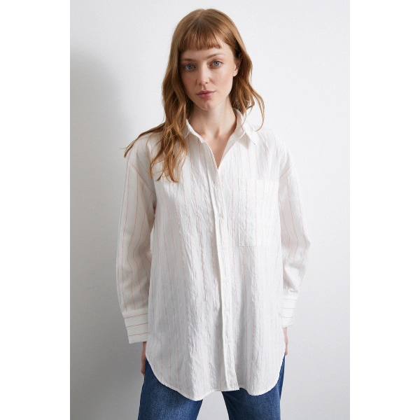 Çizgili Cepli Gömlek Pembe