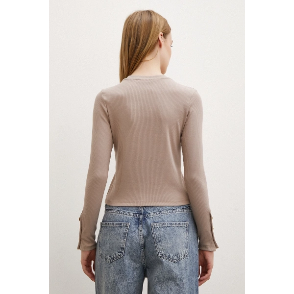 Kollu Düğmeli Bluz Vizon