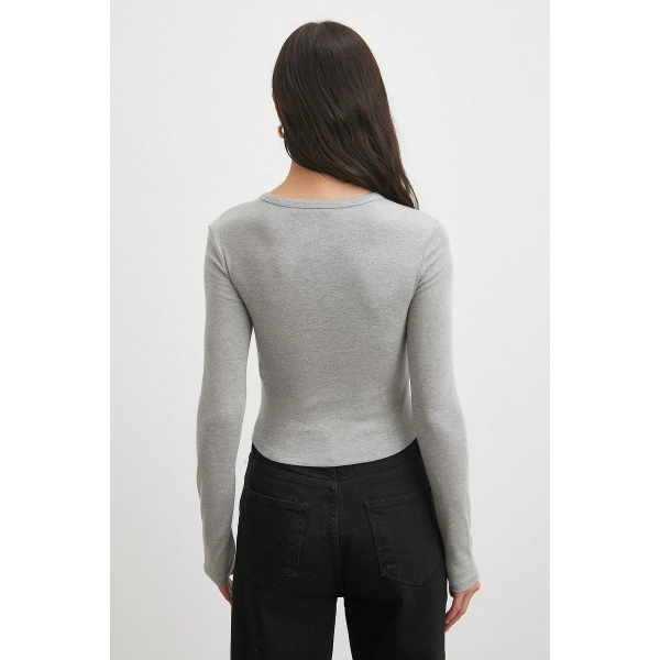 Düğmeli Uzun Kol Bluz Gri