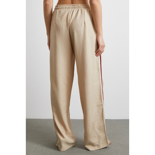 Beli Lastikli Çift Şeritli Pantolon Bej