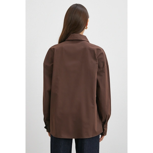 Düğme Detaylı Pamuklu Gömlek Kahve