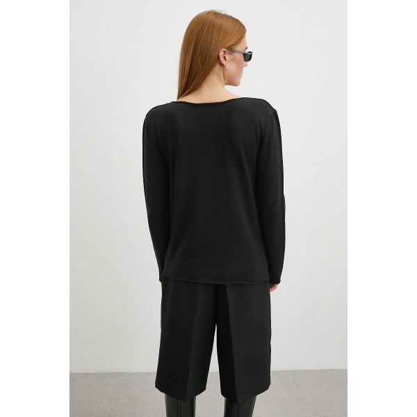 Kayık Yaka Uzun Kol Kazak Siyah