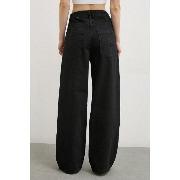 Yüksek Bel Geniş Paça Jean Siyah