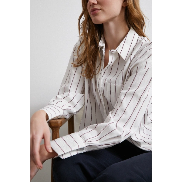 Çizgili Cepli Gömlek Bordo