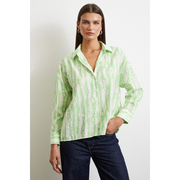 Zebra Desen Modal Gömlek Yeşil