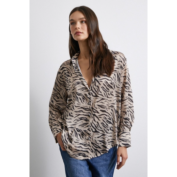 Zebra Desen V Yaka Gömlek Taş