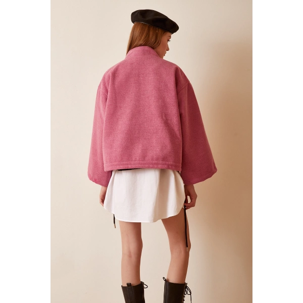 Cep Detaylı Bağcıklı Crop Ceket Pembe