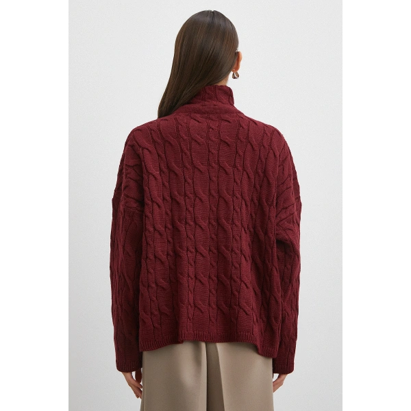 Saç Örgülü Yarım Fermuarlı Kazak Bordo