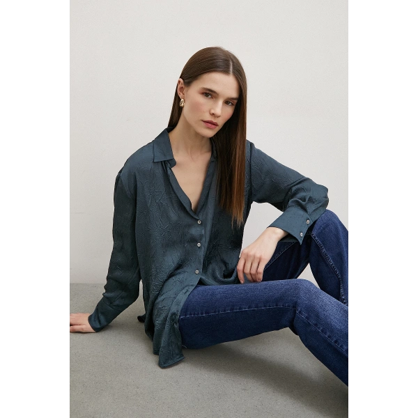 Kraşlı Saten Gömlek Petrol