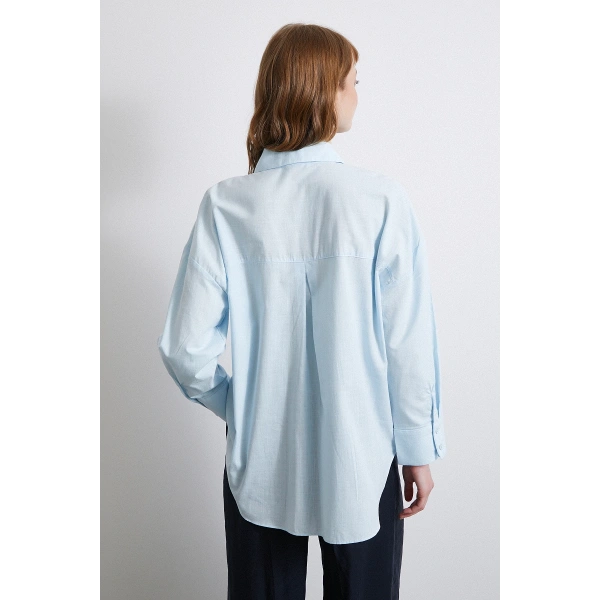 Keten Karışımlı Oversize Gömlek Mavi