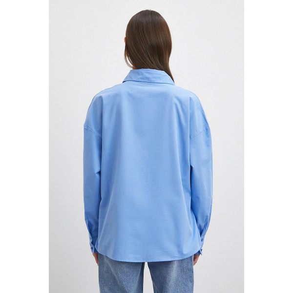 Düğme Detaylı Pamuklu Gömlek Mavi