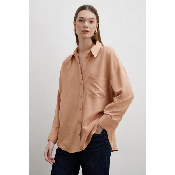 Keten Karışımlı Linen Prunes Gömlek Pudra