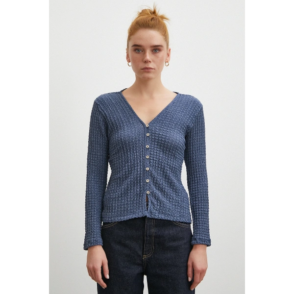 V Yaka Düğmeli Kazak Lacivert