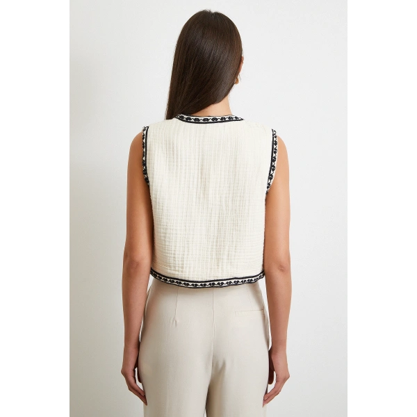 Nakış Oversize Yelek Krem