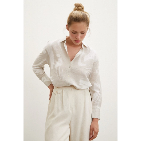 V Yaka Modal  Gömlek Bej