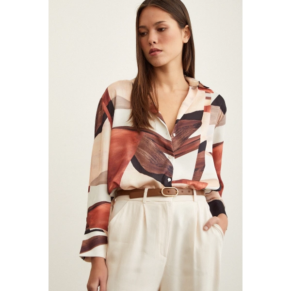 Taş Desen V Yaka Gömlek Kahve