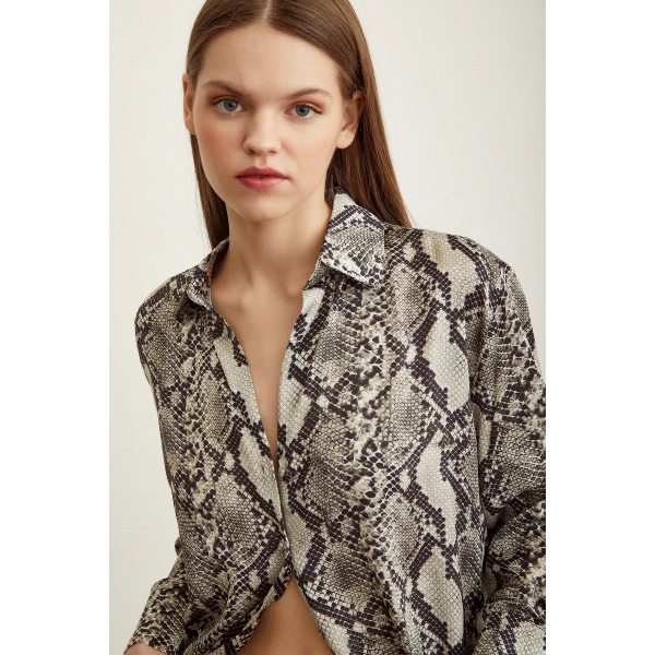 Yılan Desen Saten Gömlek Taş