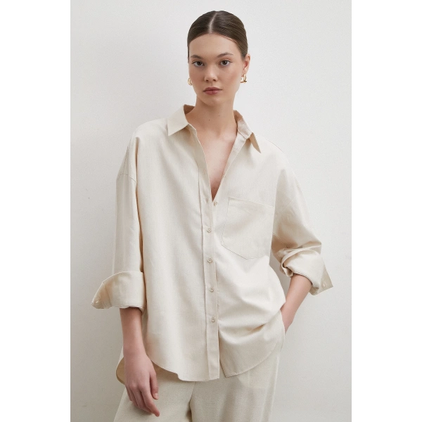 Keten Karışımlı Dökümlü Gömlek Bej