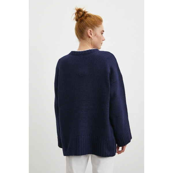 Bisiklet Yaka Fitilli Triko Kazak Lacivert