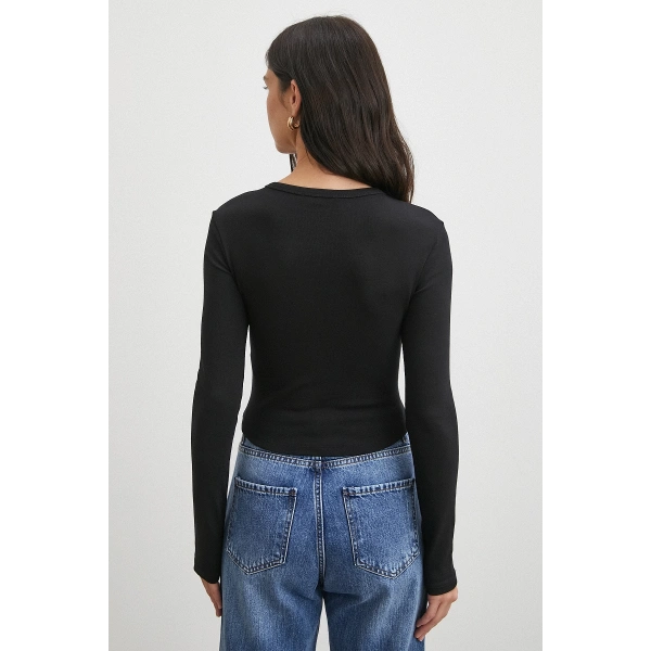 Düğmeli Uzun Kol Bluz Siyah