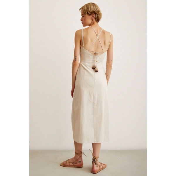 Boncuk Detaylı Askılı Elbise Krem