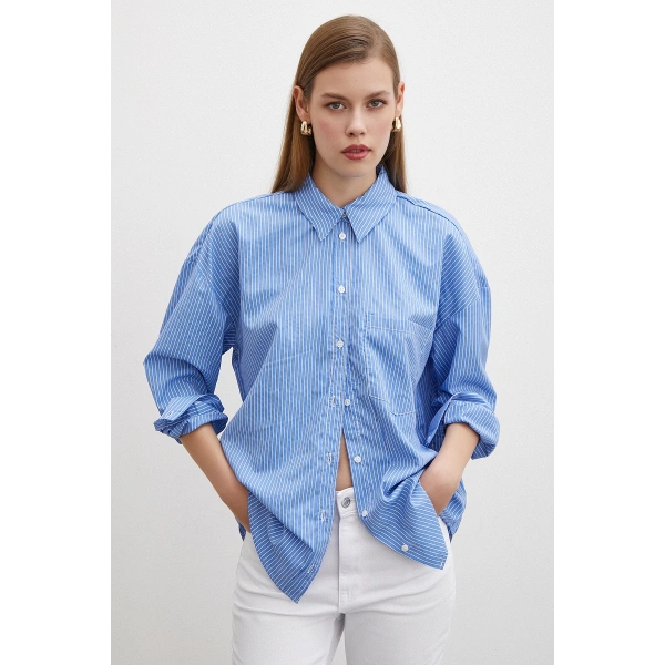 İnce Çizgili Gömlek Mavi