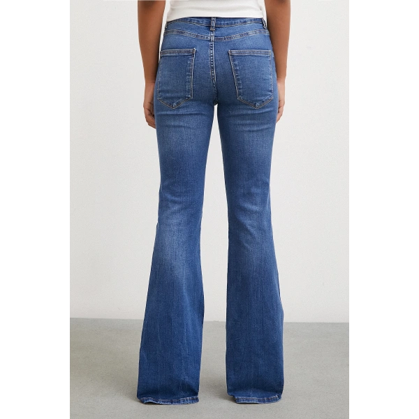 Yüksek Bel İspanyol Paça Jean Mavi