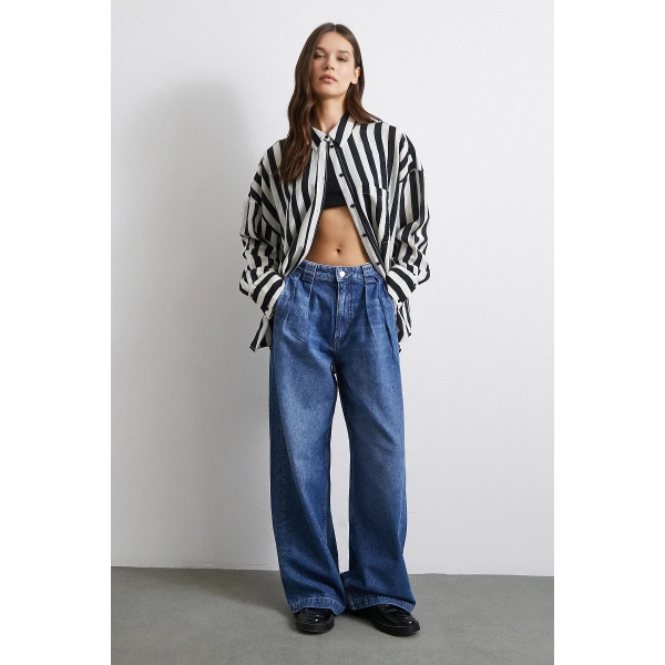 Yüksek Bel Pileli Geniş Paça Jean Mavi