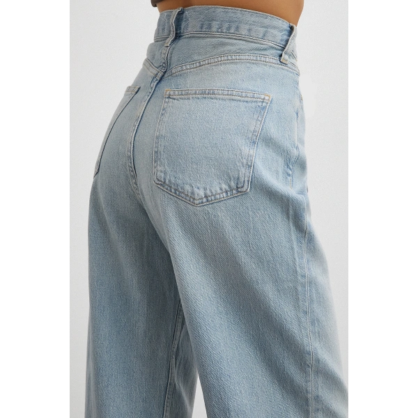 Yüksek Bel Kesik Paça Straight Buz Mavisi