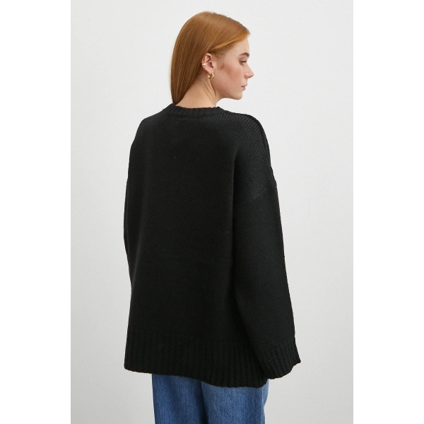 Bisiklet Yaka Fitilli Triko Kazak Siyah