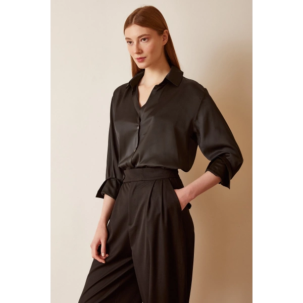 Basic Saten Gömlek Siyah