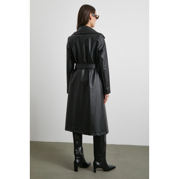 Kuşaklı Deri Pardesü Siyah