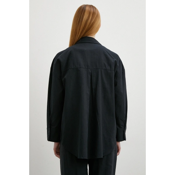 Keten Karışımlı Oversize Gömlek Siyah