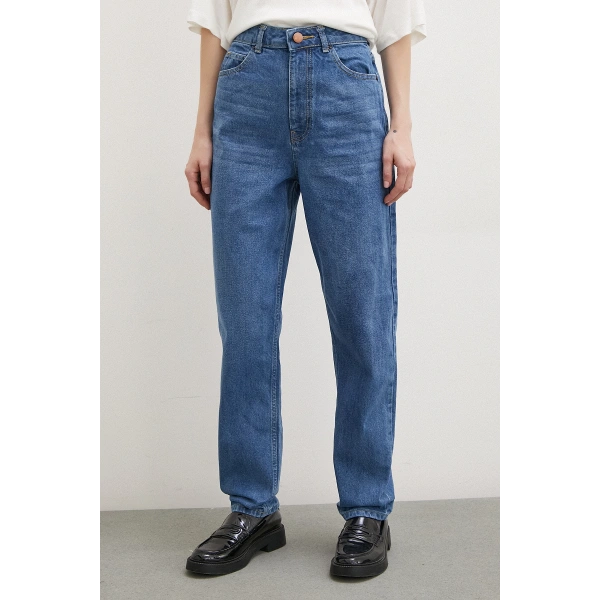 Yüksek Bel Dar Paça Mom Jean Mavi