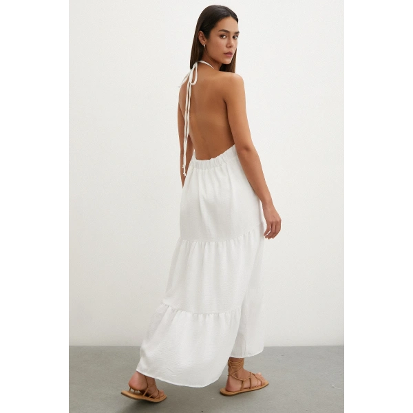 Boncuk Detay Keten Elbise Beyaz