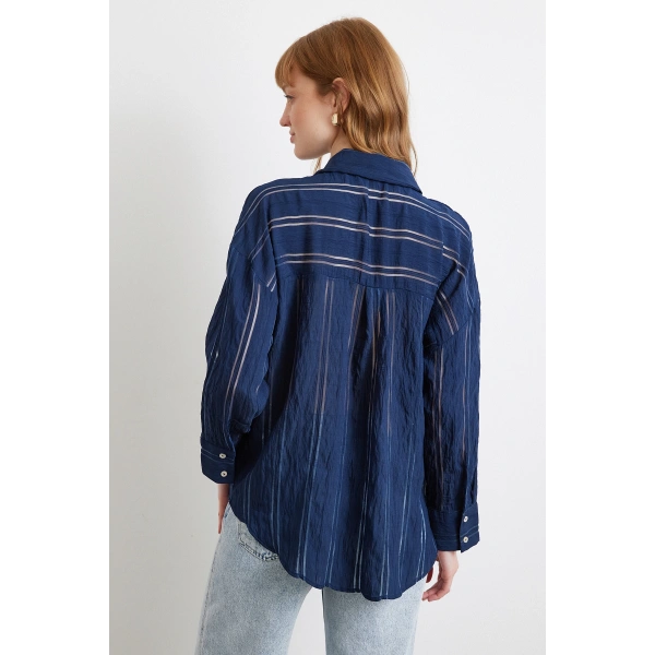 Organze Çizgili Gömlek Lacivert