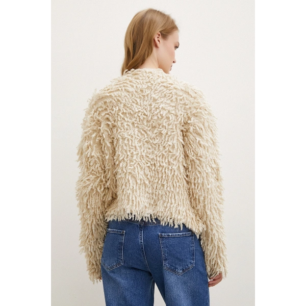 V Yaka Saçaklı Hırka Ekru